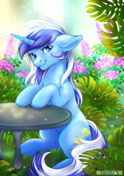 Size: 1280x1811 | Tagged: safe, artist:tokokami, derpibooru import, minuette, pony, unicorn, cute, ears, female, floppy ears, flower, garden, looking at you, mare, minubetes, sitting, smiling, solo, table