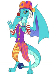 Size: 894x1280 | Tagged: safe, artist:siblgi, derpibooru import, princess ember, dragon, clown, clown nose, commission, dragoness, female, hat, hypnosis, hypnotized, jester hat, simple background, solo, swirly eyes, white background