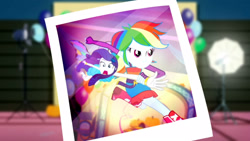 Size: 3410x1920 | Tagged: safe, derpibooru import, screencap, rainbow dash, rarity, a photo booth story, eqg summertime shorts, equestria girls, balloon, bare shoulders, belt, boots, bracelet, butterfly wings, clothes, cutie mark on clothes, duo, duo female, fall formal outfits, female, hairpin, high res, jewelry, open mouth, shoes, sleeveless, strapless, wings