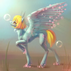 Size: 2160x2160 | Tagged: safe, artist:inarimayer, derpibooru import, oc, oc only, pegasus, pony, bubble, crepuscular rays, ear fluff, ears, feather, female, looking up, mare, ocean, orange eyes, pegasus oc, raised hoof, raised leg, seaweed, signature, solo, spread wings, sunlight, underwater, water, wings