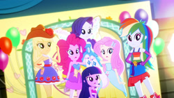 Size: 3410x1920 | Tagged: safe, derpibooru import, screencap, applejack, fluttershy, pinkie pie, rainbow dash, rarity, twilight sparkle, a photo booth story, eqg summertime shorts, equestria girls, balloon, bare shoulders, belt, boots, butterfly wings, clothes, cowboy hat, cutie mark on clothes, fall formal outfits, female, hairpin, hat, high res, humane five, humane six, open mouth, shoes, sleeveless, strapless, twilight ball dress, wings