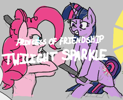 Size: 458x374 | Tagged: safe, artist:legendoflink, derpibooru import, pinkie pie, twilight sparkle, unicorn twilight, earth pony, pony, unicorn, aggie.io, angry, bipedal, fight, lead pipe, simple background, text, weapon, yakuza