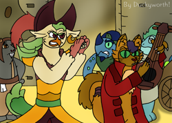 Size: 1715x1218 | Tagged: safe, artist:duckyworth, derpibooru import, capper dapperpaws, captain celaeno, abyssinian, avian, dice, guitar, klugetown, klugetowner, musical instrument, the road to el dorado