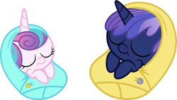 Size: 1173x662 | Tagged: safe, artist:whalepornoz, derpibooru import, princess flurry heart, oc, oc:prince nova sparkle, alicorn, pony, fanfic:cat's cradle, alicorn oc, baby, baby pony, blanket, brother, brother and sister, closed mouth, colt, cousins, cute, duo, eyelashes, eyes closed, family, female, filly, foal, half-brother, half-cousins, half-siblings, half-sister, horn, male, nostrils, offspring, parent:shining armor, parent:twilight sparkle, parents:shining sparkle, prince, princess, product of incest, product of sparklecest, royalty, shakespearicles, show accurate, siblings, simple background, sister, sleeping, smiling, swaddling, wall of tags, white background, wings