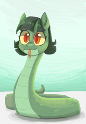 Size: 2460x3540 | Tagged: safe, artist:smirk, derpibooru import, oc, oc only, oc:tija, monster pony, original species, snake, snake pony, best snake, colored pupils, fangs, red eyes, simple background, slit eyes, solo, tongue, tongue out