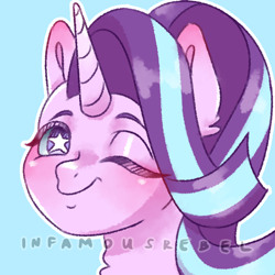 Size: 2900x2900 | Tagged: safe, artist:infamousrebel, derpibooru import, starlight glimmer, pony, unicorn, blue background, blushing, bust, cute, doodle, ear fluff, ears, eyebrows, female, glimmerbetes, mare, neck fluff, outline, portrait, simple background, smiling, solo, starry eyes, white outline, white pupils, wingding eyes