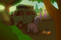 Size: 1800x1200 | Tagged: safe, artist:pony quarantine, derpibooru import, trixie, pony, unicorn, bedford rascal, bush, camper, camper van, campfire, camping, cape, clothes, clothes line, coffee, coffee cup, cup, female, forest, kettle, laundry, mare, nightgown, sleepy, solo, tree, trixie's cape, yawn