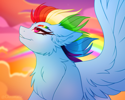 Size: 2500x2000 | Tagged: safe, artist:chromatic-sheen, derpibooru import, rainbow dash, pegasus, pony, cheek fluff, chest fluff, cloud, ear fluff, ears, female, high res, looking up, mare, rainbow, rainbow eyebrows, solo