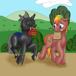 Size: 1280x1280 | Tagged: safe, artist:termyotter, derpibooru import, oc, oc:macrophage, oc:sunlight gear, changeling, pony, happy meal, male, mouth hold, silly changeling, stallion