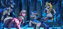 Size: 3717x1729 | Tagged: safe, artist:pridark, derpibooru import, oc, oc only, oc:bipen, bat pony, changeling, changeling queen, pony, armor, bat pony oc, bat wings, changeling queen oc, commission, detailed background, female, helmet, horn, mare, spear, throne, weapon, wings, yellow changeling