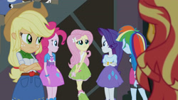 Size: 3410x1920 | Tagged: safe, derpibooru import, screencap, applejack, fluttershy, pinkie pie, rainbow dash, rarity, sunset shimmer, equestria girls, friendship games, applejack's hat, belt, boots, bracelet, clothes, cowboy hat, crossed arms, cutie mark on clothes, denim skirt, female, hairpin, hat, high res, humane five, jewelry, shoes, skirt, sleeveless