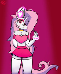 Size: 2094x2538 | Tagged: safe, artist:toxinagraphica, derpibooru import, sweetie belle, anthro, unguligrade anthro, unicorn, alternate hairstyle, boots, bra, bracelet, breasts, cheek fluff, chest fluff, clothes, cosplay, costume, crop top bra, crossover, ear fluff, ears, eyelashes, eyeshadow, female, fluffy, fluffy mane, gloves, hand, headphones, heart, heart eyes, horn, jewelry, makeup, mare, microphone, miss heed, necklace, red background, simple background, skirt, solo, underwear, villainous, wingding eyes