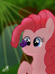 Size: 1200x1600 | Tagged: safe, artist:cobaltskies002, derpibooru import, pinkie pie, butterfly, earth pony, butterfly on nose, female, forest, forest background, grass, insect on nose, mare, solo, sunlight, tree