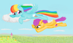 Size: 1200x699 | Tagged: safe, artist:xodok, derpibooru import, rainbow dash, scootaloo, pegasus, pony, series:ponyashnost, cloud, cutie mark, scenery, scootaloo can fly, wings