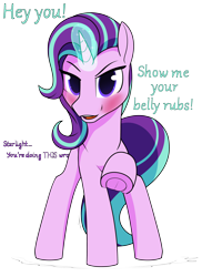 Size: 3500x4800 | Tagged: safe, artist:dacaoo, derpibooru import, starlight glimmer, pony, unicorn, blushing, female, implied twilight sparkle, looking at you, magic, mare, offscreen character, pointing, pointing at you, raised hoof, raised leg, simple background, solo, talking, talking to viewer, text, transparent background, underhoof