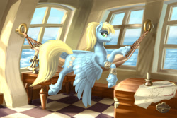 Size: 2400x1600 | Tagged: safe, artist:kirillk, derpibooru import, oc, oc only, pegasus, pony, boat, candle, hammock, map, ocean, solo, unshorn fetlocks, water