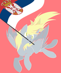 Size: 500x600 | Tagged: safe, artist:clair, derpibooru import, edit, derpy hooves, pegasus, pony, female, flag, full body, lineless, logo, mare, mouth hold, pink background, serbia, simple background, solo, spread wings, wings