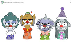 Size: 904x540 | Tagged: safe, artist:doublewbrothers, derpibooru import, cloudy quartz, igneous rock pie, limestone pie, marble pie, earth pony, pony, cloudy quartz is not amused, clown, clown makeup, clown nose, do i look angry, ears, female, floppy ears, frown, glasses, hat, limestone pie is not amused, male, mare, party hat, pie family, pie sisters, sad, siblings, simple background, sisters, stallion, unamused, wavy mouth, white background