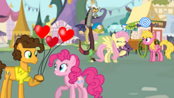 Size: 1280x720 | Tagged: safe, artist:mlplary6, derpibooru import, cheese sandwich, cherry berry, discord, fluttershy, pinkie pie, draconequus, earth pony, pegasus, pony, balloon, cheesepie, discoshy, female, heart, heart balloon, male, mare, plushie, shipping, smiling, stallion, straight, teddy bear