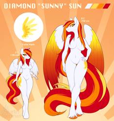 Size: 2528x2684 | Tagged: safe, artist:scarlet-spectrum, derpibooru import, oc, oc only, oc:diamond sun, anthro, pegasus, unguligrade anthro, belly button, big breasts, breasts, colored wings, colored wingtips, commission, cutie mark, featureless breasts, female, hand on hip, looking at you, mare, nudity, reference sheet, simple background, solo, unshorn fetlocks, watermark, wide hips, wings