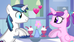 Size: 1280x720 | Tagged: safe, artist:mlplary6, derpibooru import, princess cadance, shining armor, alicorn, pony, unicorn, female, flower, heart, looking at each other, male, mare, milkshake, smiling, smiling at each other, stallion, straight