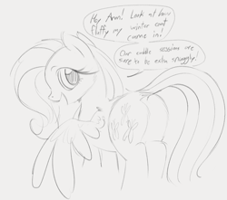 Size: 1153x1018 | Tagged: safe, artist:dotkwa, derpibooru import, fluttershy, pegasus, pony, butt, cute, dock, female, fluffy, flutterbutt, gray background, grayscale, implied anon, looking at you, looking back, looking back at you, mare, monochrome, pencil drawing, plot, shyabetes, simple background, solo, speech bubble, tail, talking to viewer, traditional art