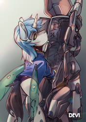 Size: 2000x2824 | Tagged: safe, artist:devi_shade, derpibooru import, oc, oc only, oc:icefumy, changedling, changeling, fallout equestria, armor, changeling oc, power armor, solo