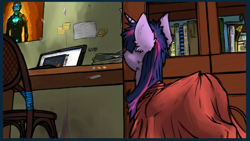 Size: 3260x1839 | Tagged: safe, artist:danton-y17, derpibooru import, twilight sparkle, twilight sparkle (alicorn), alicorn, pony, book, bookshelf, computer, cyrillic, ear fluff, ears, fanfic art, laptop computer, russian, solo