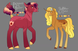 Size: 1280x850 | Tagged: safe, artist:felinenostalgic, derpibooru import, oc, oc only, oc:bumblebee comet, oc:poppysweet meadow, earth pony, pony, unicorn, brother and sister, coat markings, duo, female, flower, flower in hair, freckles, gray background, height difference, male, mare, offspring, parent:big macintosh, parent:twilight sparkle, parents:twimac, siblings, simple background, stallion