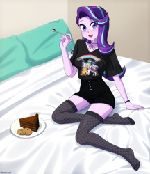 Size: 972x1125 | Tagged: safe, artist:riouku, derpibooru import, starlight glimmer, equestria girls, bed, bedroom, blanket, cake, chocolate, choker, clothes, commission, cookie, cute, female, fishnet stockings, food, glimmerbetes, open mouth, pillow, plate, shirt, shorts, socks, solo, spoon, stocking feet, stockings, t-shirt, thigh highs, wristband