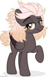 Size: 1927x3113 | Tagged: safe, artist:suramii, derpibooru import, oc, oc only, oc:night vision, pegasus, pony, :t, female, folded wings, freckles, full body, high res, hooves, lidded eyes, mare, pegasus oc, raised eyebrow, raised hoof, raised leg, shadow, show accurate, signature, simple background, smiling, solo, standing, transparent background, wings