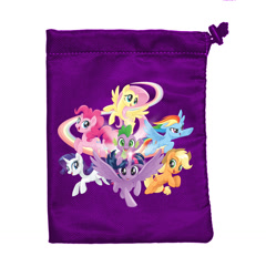 Size: 1228x1280 | Tagged: safe, derpibooru import, applejack, fluttershy, pinkie pie, rainbow dash, rarity, spike, twilight sparkle, twilight sparkle (alicorn), alicorn, dragon, earth pony, pegasus, pony, unicorn, dice bag, dragons riding ponies, female, game, male, mane seven, mane six, mare, merchandise, movie accurate, my little pony roleplaying game, official, pen and paper rpg, renegade game studios, riding, rpg, simple background, smiling, stock vector, white background