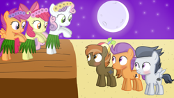 Size: 1280x720 | Tagged: safe, artist:mlplary6, derpibooru import, apple bloom, button mash, rumble, scootaloo, sweetie belle, tender taps, earth pony, pegasus, pony, unicorn, blushing, colt, dancing, female, filly, foal, hula, male, rumbloo, shipping, smiling, straight, sweetiemash, tenderbloom