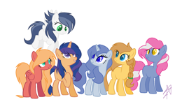 Size: 2605x1557 | Tagged: safe, artist:nightlyartemis, artist:shiibases, derpibooru import, oc, oc only, earth pony, pegasus, pony, unicorn, base used, colored pupils, earth pony oc, female, horn, mare, next generation, offspring, parent:applejack, parent:big macintosh, parent:caramel, parent:fancypants, parent:flash sentry, parent:fluttershy, parent:pinkie pie, parent:pokey pierce, parent:rainbow dash, parent:rarity, parent:soarin', parent:twilight sparkle, parents:carajack, parents:flashlight, parents:fluttermac, parents:pokeypie, parents:raripants, parents:soarindash, pegasus oc, simple background, unicorn oc, unnamed oc, white background