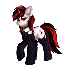 Size: 4698x4711 | Tagged: safe, alternate version, artist:flapstune, derpibooru import, oc, oc only, oc:blackjack, cyborg, pony, unicorn, fallout equestria, fallout equestria: project horizons, amputee, augmented, chest fluff, cutie mark, cyber eyes, cyber legs, cyborg pony, ear fluff, ears, fanfic art, female, fluffy, horn, looking at you, mare, prosthetic leg, prosthetic limb, prosthetics, simple background, small horn, solo, transparent background