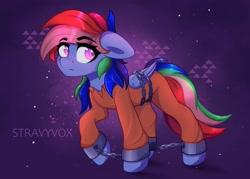 Size: 3500x2500 | Tagged: safe, artist:stravy_vox, derpibooru import, rainbow dash, chained, chains, clothes, female, mare, never doubt rainbowdash69's involvement, prison outfit, prisoner rd, shackles, solo, wings