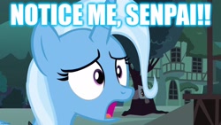 Size: 1280x720 | Tagged: safe, derpibooru import, edit, edited screencap, screencap, trixie, pony, unicorn, magic duel, season 3, caption, female, frown, image macro, imgflip, mare, notice me senpai, open mouth, solo, text