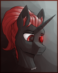 Size: 2000x2500 | Tagged: safe, artist:stardustspix, oc, oc only, oc:protege, pony, unicorn, fallout equestria, fallout equestria: murky number seven, bust, ear fluff, ears, horn, male, ponytail, red and black oc, solo, stallion