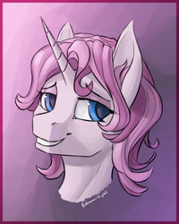 Size: 2000x2500 | Tagged: safe, artist:stardustspix, oc, oc only, oc:glimmerlight, pony, unicorn, fallout equestria, fallout equestria: murky number seven, bust, ear fluff, ears, female, horn, mare, smiling, solo