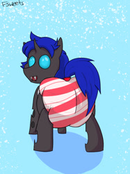 Size: 524x702 | Tagged: safe, artist:flavorful_sweets, derpibooru import, oc, oc only, oc:swift dawn, changeling, pony, blue changeling, blue eyes, candy diaper, changeling oc, christmas, commission, diaper, flavorful sweet's candy, holiday, non-baby in diaper, peppermint, peppermint paddy, simple background, solo