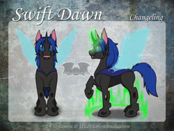 Size: 900x675 | Tagged: safe, artist:temrin, derpibooru import, oc, oc only, oc:swift dawn, changeling, pony, blue changeling, blue eyes, changeling oc, commission, digital art, fangs, glowing horn, horn, magic, male, reference sheet, simple background, smiling, solo, watermark