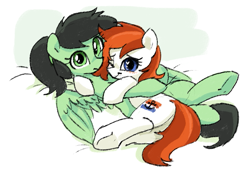 Size: 813x559 | Tagged: safe, artist:plunger, ponerpics import, oc, oc only, oc:anon filly, oc:silverfoot, earth pony, pegasus, pony, blushing, cuddling, earth pony oc, eyebrows, female, filly, foal, hair tie, hairtie, hug, looking at you, lying down, one eye closed, pegasus oc, smiling, smiling at you, spread wings, underhoof, wings