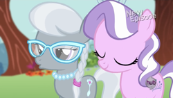 Size: 2208x1242 | Tagged: safe, screencap, diamond tiara, silver spoon, earth pony, pony, flight to the finish, bedroom eyes, braided pigtails, cute, diamondbetes, duo, eyes closed, female, filly, foal, glasses, hub logo, jewelry, kissy face, pearl necklace, pigtails, silverbetes, tiara