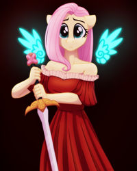 Size: 2048x2560 | Tagged: safe, artist:whitequartztheartist, derpibooru import, fluttershy, anthro, pegasus, black background, clothes, dress, element of generosity, element of honesty, element of kindness, element of laughter, element of loyalty, element of magic, elements of harmony, female, floating wings, glowing, glowing wings, high res, looking at you, magic, mare, red dress, shoulderless, simple background, solo, sword, weapon, wings