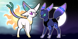 Size: 4800x2400 | Tagged: safe, artist:julunis14, derpibooru import, princess celestia, princess luna, digital art, duo, duo female, espeon, female, high res, pokefied, pokémon, signature, species swap, style emulation, umbreon