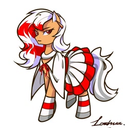 Size: 1080x1080 | Tagged: artist needed, source needed, safe, derpibooru import, oc, oc only, oc:los hua, earth pony, pony, cloak, clothes, dress, simple background, socks, solo, striped socks, white background