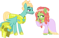 Size: 5145x3372 | Tagged: safe, artist:cloudyglow, artist:frownfactory, derpibooru import, edit, tree hugger, zephyr breeze, earth pony, pony, make new friends but keep discord, sparkle's seven, .ai available, armor, clothes, dress, female, floral head wreath, flower, helmet, hoof shoes, jewelry, male, mare, necklace, royal guard, royal guard armor, royal guard zephyr breeze, shipping, simple background, smug, stallion, straight, transparent background, vector, wings, zephyrhugger