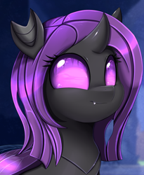 Size: 1446x1764 | Tagged: safe, artist:pridark, derpibooru import, oc, oc only, oc:violet rose, changeling, nymph, bust, changeling oc, commission, cute, cute little fangs, fangs, female, filly, foal, portrait, purple, purple changeling, purple eyes, purple mane, smiling, solo