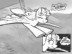 Size: 4000x3000 | Tagged: safe, artist:selenophile, derpibooru import, oc, oc:aurora pinfeathers, pegasus, fallout equestria, fallout equestria: renewal, comic, crash landing, didn't think this through, fanfic art, female, flying, mare, monochrome, monologue, oh shit, smiling, solo, spread wings, tail, talking, this will end in tears, what have i done, windswept mane, windswept tail, wings, worried