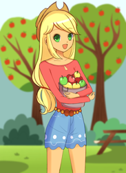 Size: 3000x4096 | Tagged: safe, artist:melonche, derpibooru import, applejack, equestria girls, apple, apple tree, boho, bucket, carrying, clothes, female, food, high res, open mouth, open smile, smiling, solo, tree